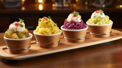 An assortment of potato salads in different colors and flavors, beautifully presented on a wooden serving board