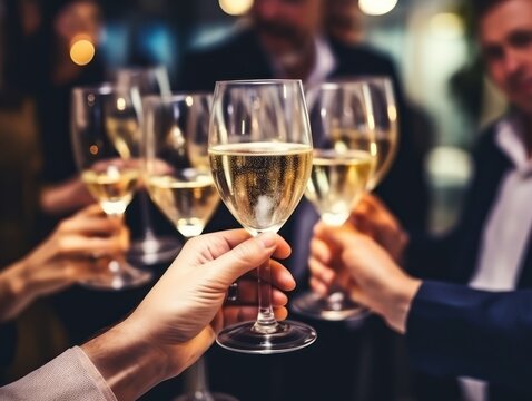 Champagne glasses in hands of people at party