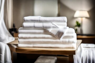 Fototapeta na wymiar A stack of white towels neatly folded in a spa or hotel.