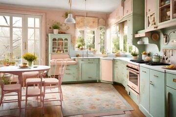 A sunlit vintage kitchen with pastel-colored cabinets, retro appliances, and a charming breakfast nook overlooking a blooming garden. - obrazy, fototapety, plakaty