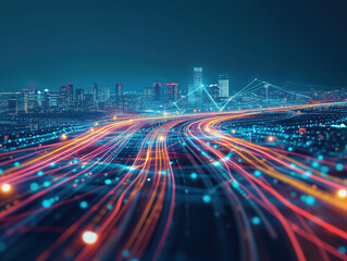 Smart cities are linked to geometric patterns, speed lights, and data connections, creating a concept of futuristic urban environment.