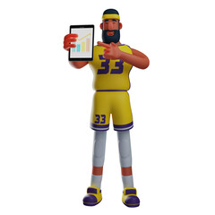 Obraz premium 3D illustration. 3D Basketball Athlete Cartoon Illustration showing graphic graphics. wearing a cute headband. has a thick mustache. 3D Cartoon Character