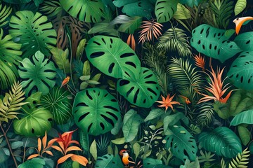 A tropical rainforest with diverse plant species, their leaves glistening with raindrops, showcasing the biodiversity of the ecosystem.