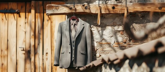 Rustic wood racks outdoors hold a grey groom suit suspended on the roof.