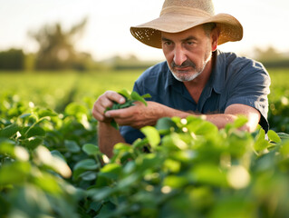 A farmer in a straw hat inspects a soybean crop, carefully examining the quality. He holds a handful of soy leaves, ensuring they meet his standards.