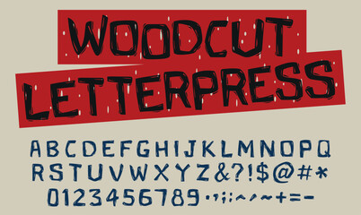 Rustic alphabet the effect of two traditional engraving techniques, woodcut printing and linoleum cut printing