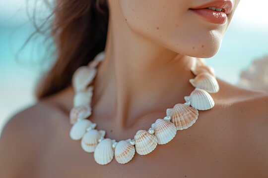 A close-up of a shell necklace on a woman's neck reveals a natural elegance and a bond with the ocean. Shell necklace adding a touch of serenity and beauty to women.