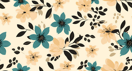 nutty beige flowers and leaves pattern - obrazy, fototapety, plakaty