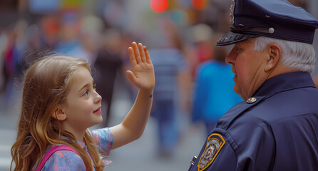 girl waving to an older man in uniform - obrazy, fototapety, plakaty