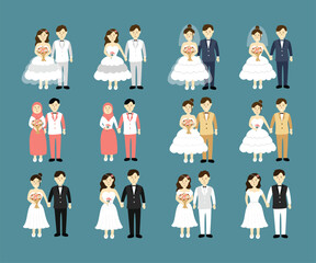 Cute wedding couple bride and groom cartoon character collection set