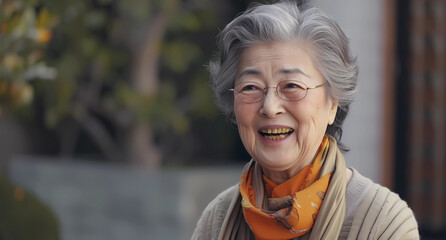 older woman smiling as she speaks - obrazy, fototapety, plakaty