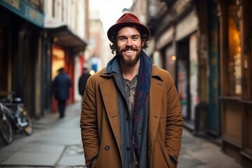 Portrait of a handsome man in a coat and hat on a city street