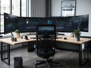 A sleek office workspace with multiple monitors