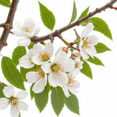 A close-up of a branch of a blossoming tree with almond blossom and green leaves. ai generative