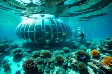Naklejka na ściany i meble A high-tech underwater research station, with transparent domes the wonders of the ocean depths, where scientists study exotic marine life and colorful coral reefs in their natural habitat.
