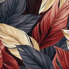 A tropical leaves pattern in shades of red, brown, and gray, in the style of linear elegance, subtle colours, organic designs, 1:1