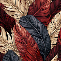 A tropical leaves pattern in shades of red, brown, and gray, in the style of linear elegance, subtle colours, organic designs, 1:1