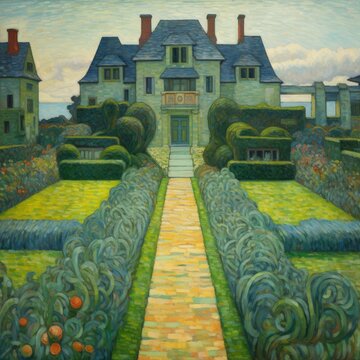 Garden Field of Yellow Flowers, Landscape Drawing in Oil Painting Style. Endless Labyrinths, Neo-Impressionist Paintings, and Drawing Canvas with Pointillism and Divisionism