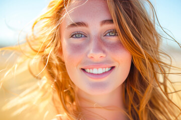 Fototapeta premium Sunset Glow on Happy Woman's Face.