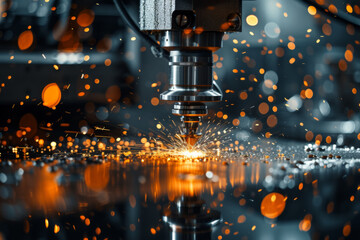 Cnc milling machine machining with sparks in the air. - obrazy, fototapety, plakaty