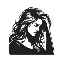 Upset woman vector illustration, crying, suffering, tired woman, illustration, icon, silhouette