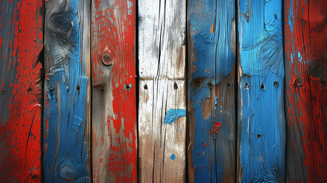 worn wooden boards in American flag colors; background image
