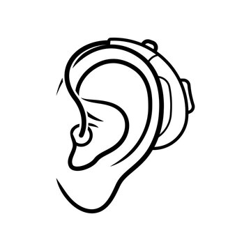 Ear with hearing aid line art vector isolated on white background.