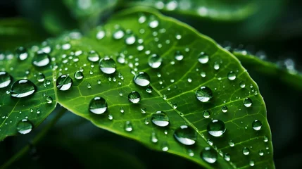 Schilderijen op glas Water drops on green leaves  © Micro