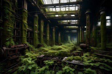 An abandoned industrial complex reclaimed by nature, with rusty machinery overgrown by vines and...
