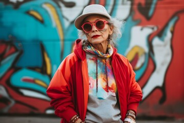 stylish senior woman in red coat, hat and sunglasses on graffiti background