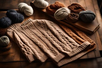 A cozy wool sweater in earthy tones with cable-knit patterns, folded neatly on a wooden table.