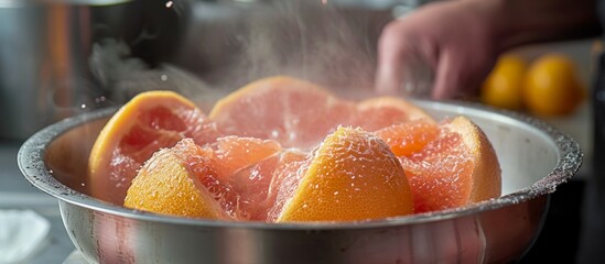 A person is rinsing grapefruit in a bowl of water, preparing the fruit for a delicious recipe.