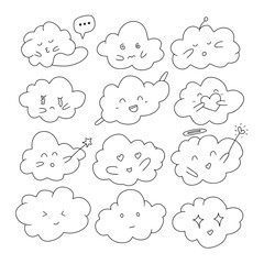 set of cloud emoticon doodles. expression, gesture, activity isolated on white background