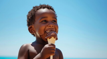 3 year old black African boy enjoying a melting chocolate ice-cream on a sweltering hot summer day. Clear blue summer sky in background