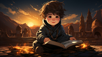cartoon illustration of a full-bodied child reading the Koran, 2D style