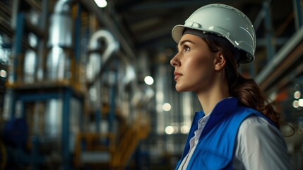 In the heart of an industrial oil refinery, a content and capable female engineer stands, donned in a construction helmet and blue vest, meticulously inspecting the intricate machinery 