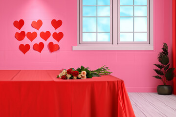 A pink room with a bouquet of roses on the table. To decorate for Valentine's Day