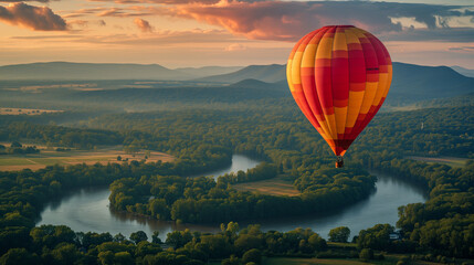 Scenic hot air balloon ride above forest and river during sunset.