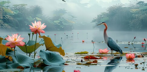 Serene Beauty: A Stunning Display of Aquatic Plants and Lotus Flowers in the Sty Lake