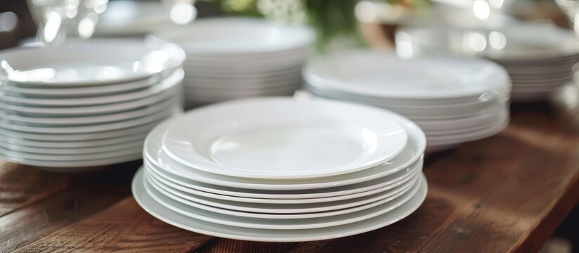 A set of white tableware and dishware, including plates and bowls, arranged neatly on a wooden table.