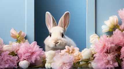 The Easter bunny looks out of the blue opening in the fence in a frame of flowers.