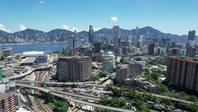 Aerial View of the skyline of Hong Kong Victoria Harbour Hung Hom Whampoa Ho Man Tin To Kwa Wan Sung Wong Toi Tsim Sha Tsui East Kowloon Peninsula,a commercial hub with the financial business 