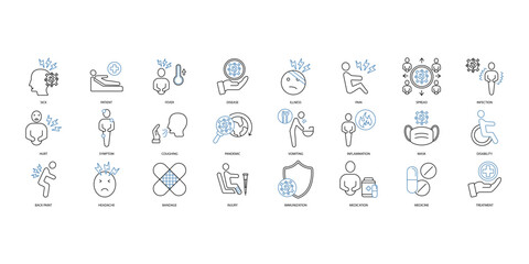 Sickness icons set. Set of editable stroke icons.Vector set of Sickness
