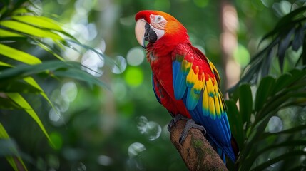 In the heart of the vibrant Amazon rainforest, a resplendent macaw parrot, adorned in a kaleidoscope of vivid feathers, perches majestically against the lush green foliage. 