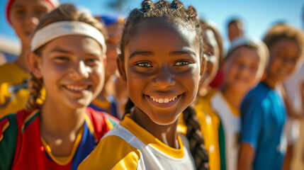 Group of young sports athletes of diverse backgrounds. Elementary school sports.