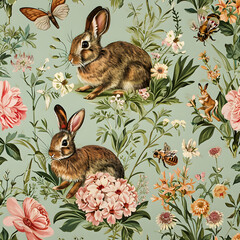 pattern with rabbits and flowers