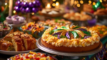 King Cake adorned with green, yellow, and purple. Table with traditional Mardi Gras treats....