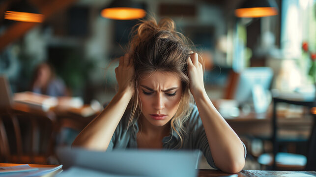 Woman under stress. Hands on her head while reading bills. Working under tight deadlines.