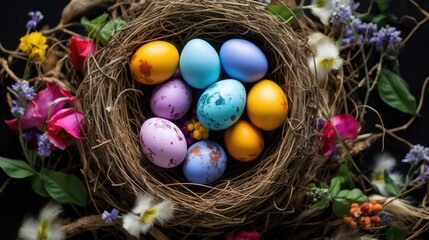 Fototapeta na wymiar Vibrant Easter Nest Overflowing with Colorful Eggs - A Festive Delight for All Ages