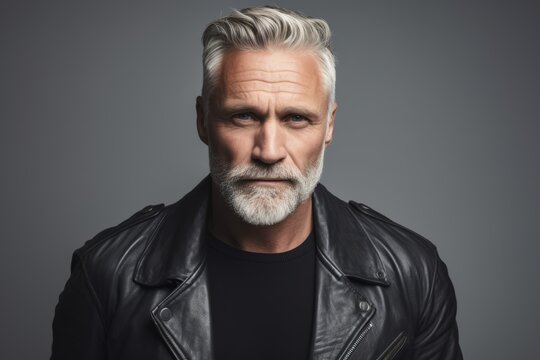 Handsome mature man with grey hair and beard wearing black leather jacket.